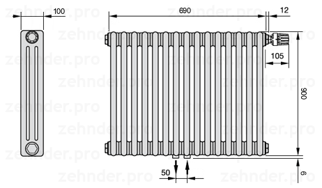 Схема (чертеж) Радиатор Zehnder Charleston 3090/15 №V008 Белый глянцевый RAL 9016